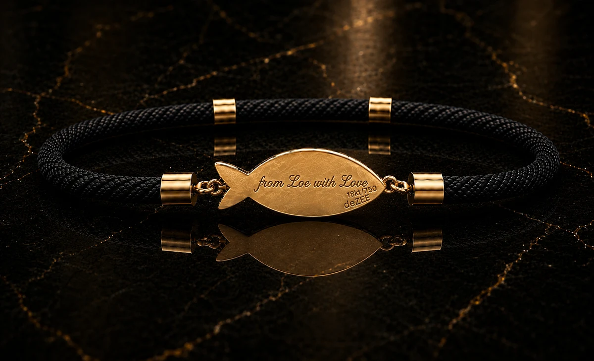 deZEE bracelet — engraved back, black cord